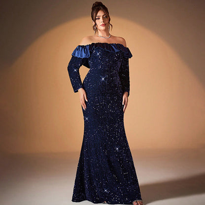 off shoulder  ruched sequin maxi dress in dark blue