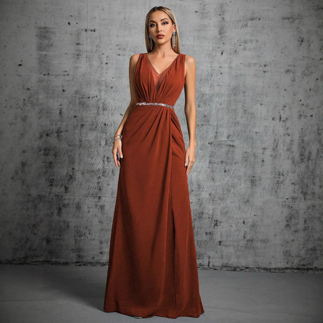 v neck ruched sleeveless maxi dress in brown
