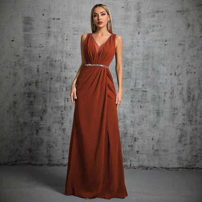 v neck ruched sleeveless maxi dress in brown