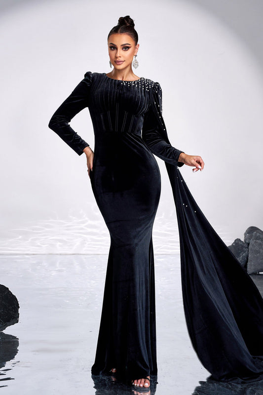 Round neck long sleeve long bodycon dress with rhinestones