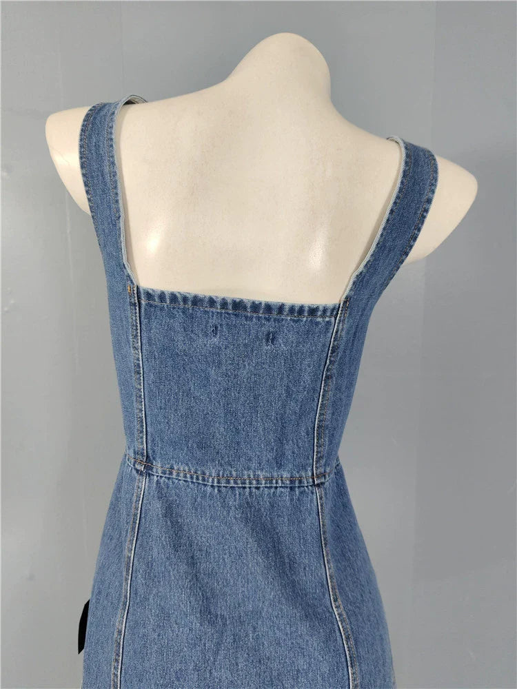 denim suspender square neck slim mini dress