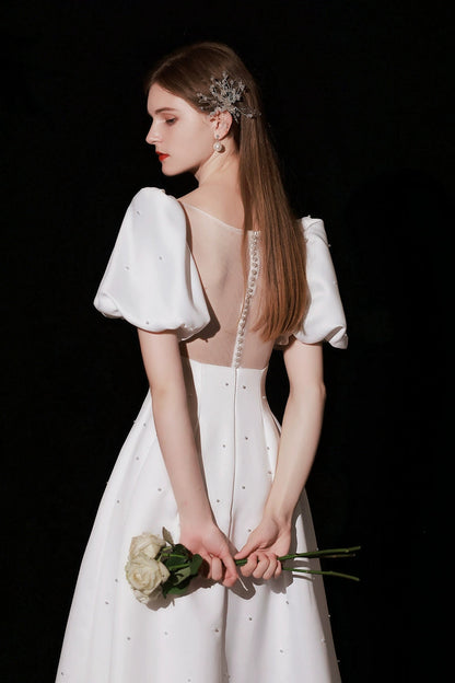 pearl embellished puff short sleeve maxi dress in white