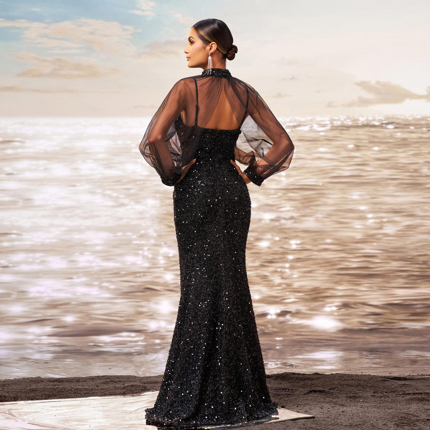 sequin embellished tulle sleeve maxi dress in black