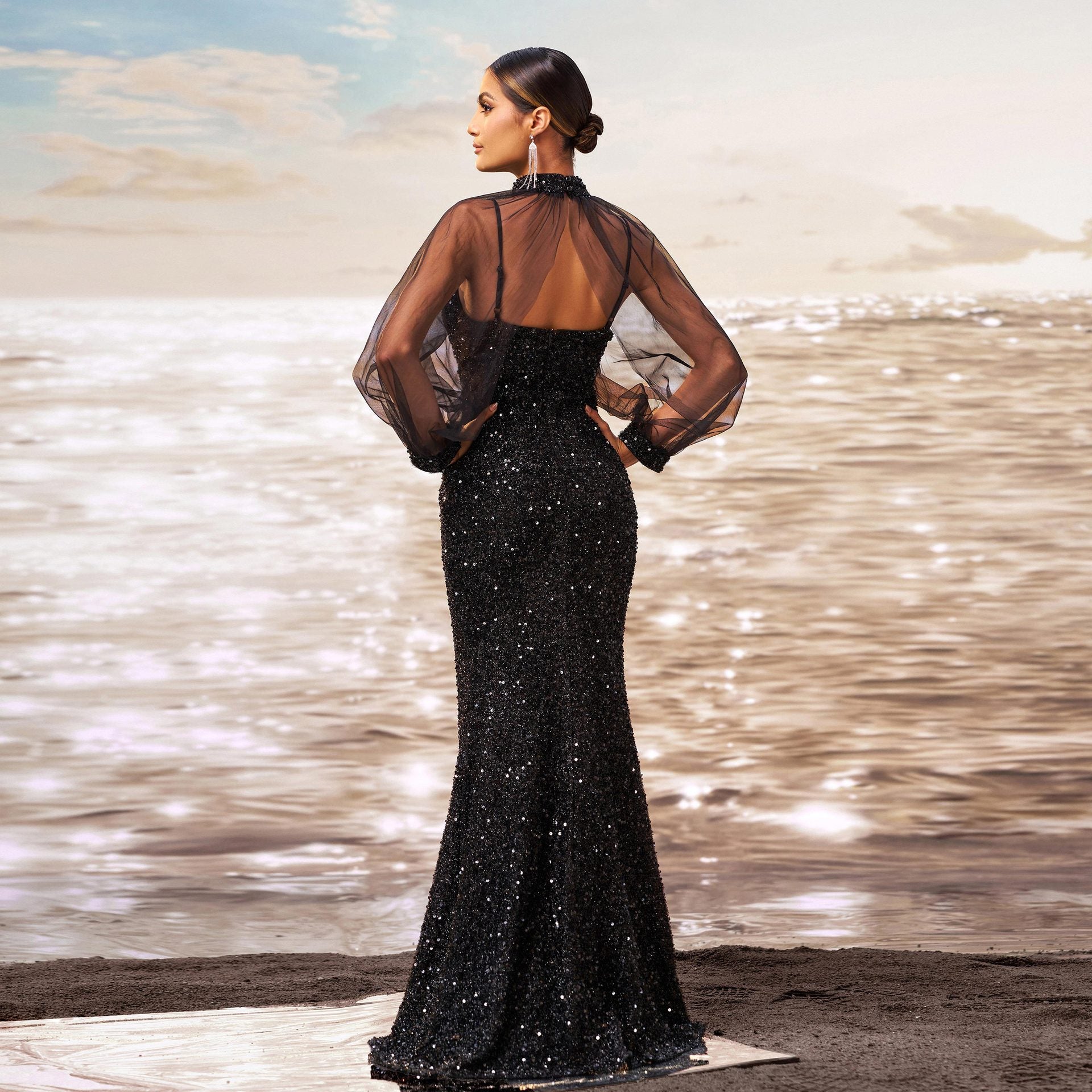 sequin embellished tulle sleeve maxi dress in black