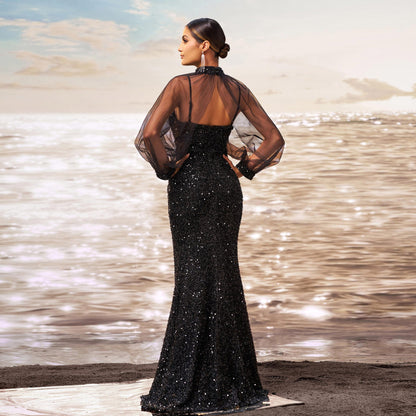 sequin embellished tulle sleeve maxi dress in black