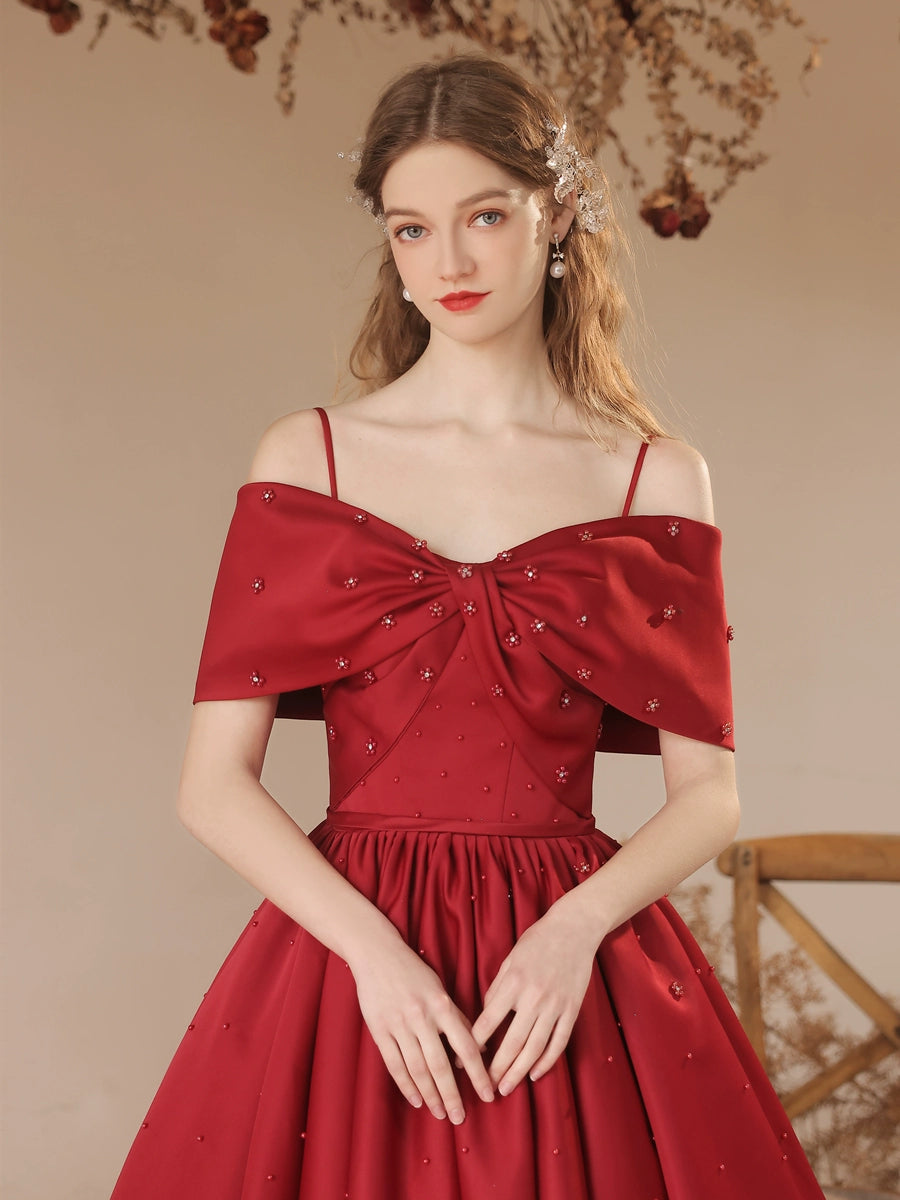 Claret pearl embellished satin bow maxi dress