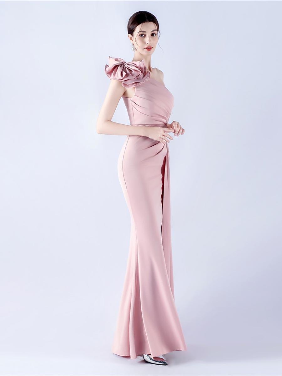 One Shoulder Flower Pleated Draped Prom Dress