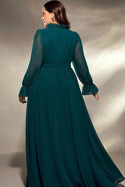 wendy v neck long sleeve chiffon maxi dress in green