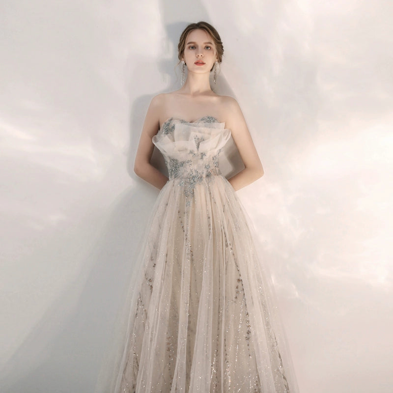 sequin tulle strapless maxi dress in champagne