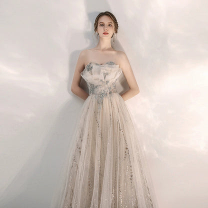 sequin tulle strapless maxi dress in champagne