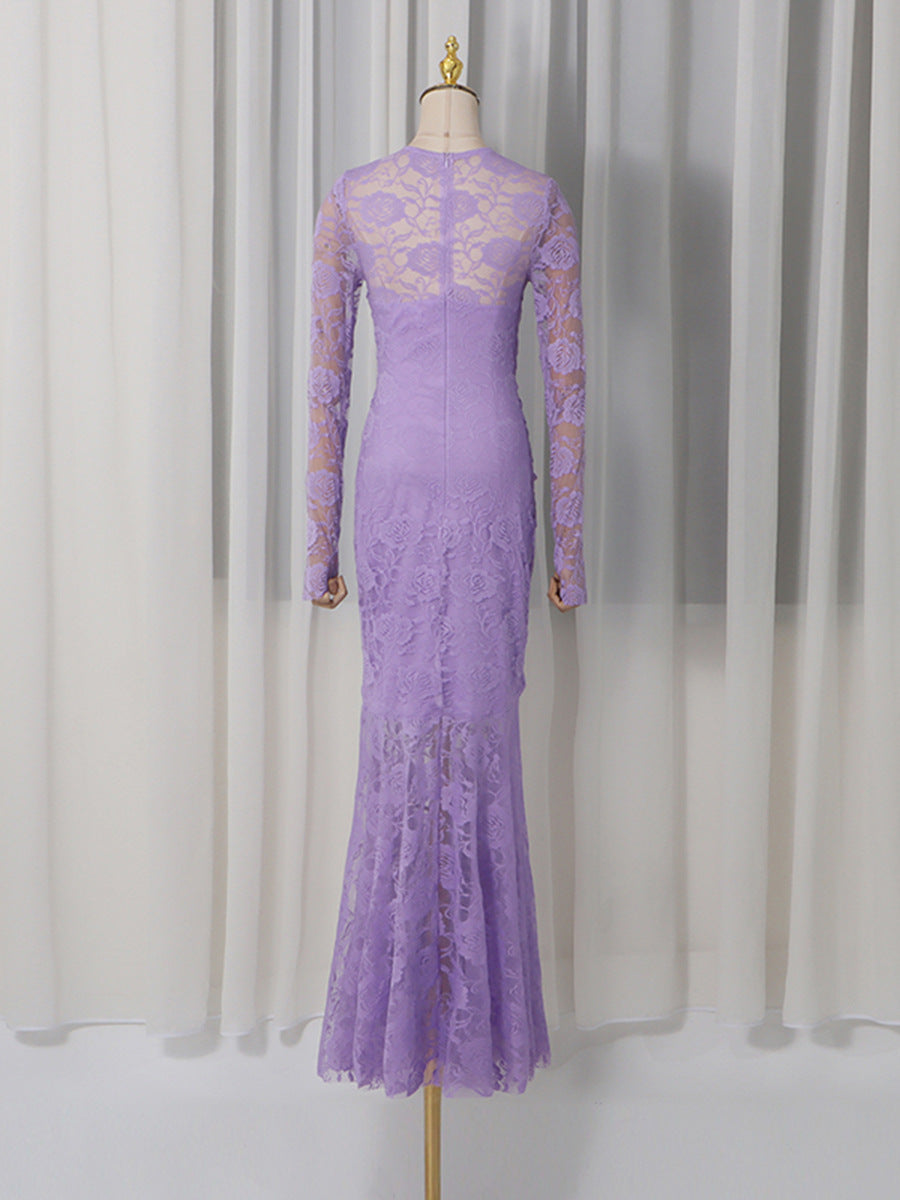 penny lace  hollow ruched bodycon long sleeve maxi dress in purple
