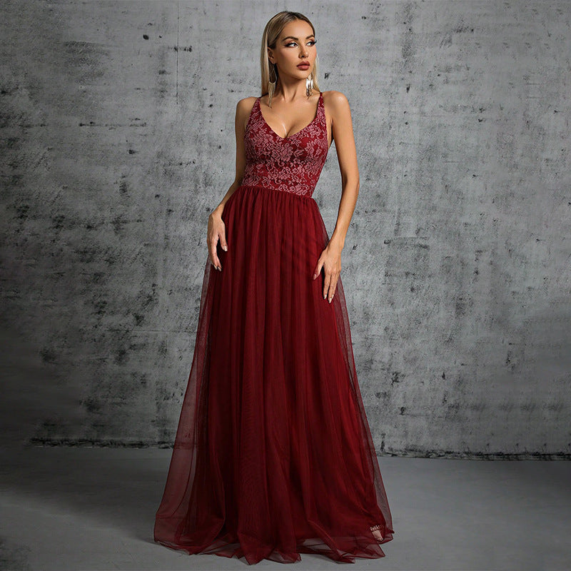 v-neck floral emdroidery patchwork tulle maxi dress in burgundy