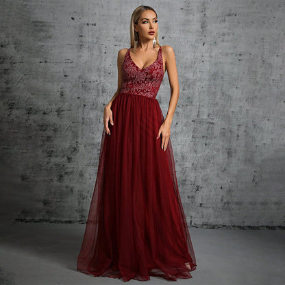 v-neck floral emdroidery patchwork tulle maxi dress in burgundy