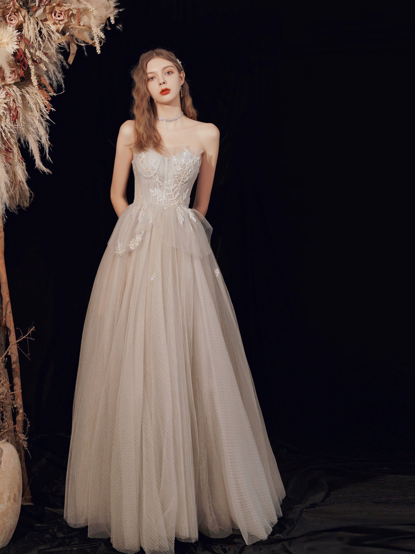 off-shoulder tulle maxi dress in Champagne Grey