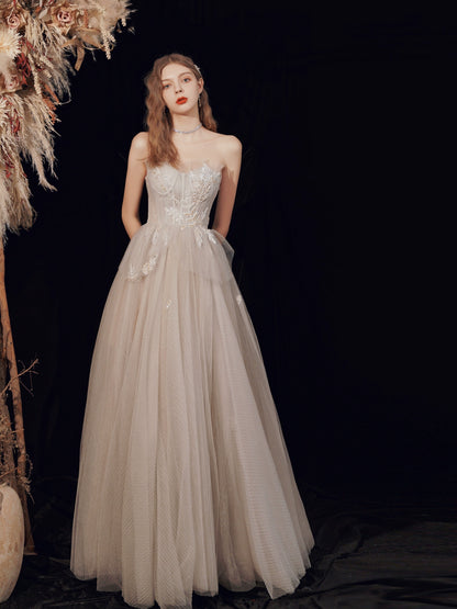 off-shoulder tulle maxi dress in Champagne Grey