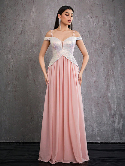 off-shoulder v neck sequin patchwork chiffon maxi dress in pink