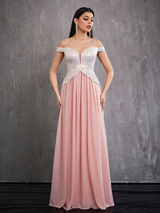off-shoulder v neck sequin patchwork chiffon maxi dress in pink
