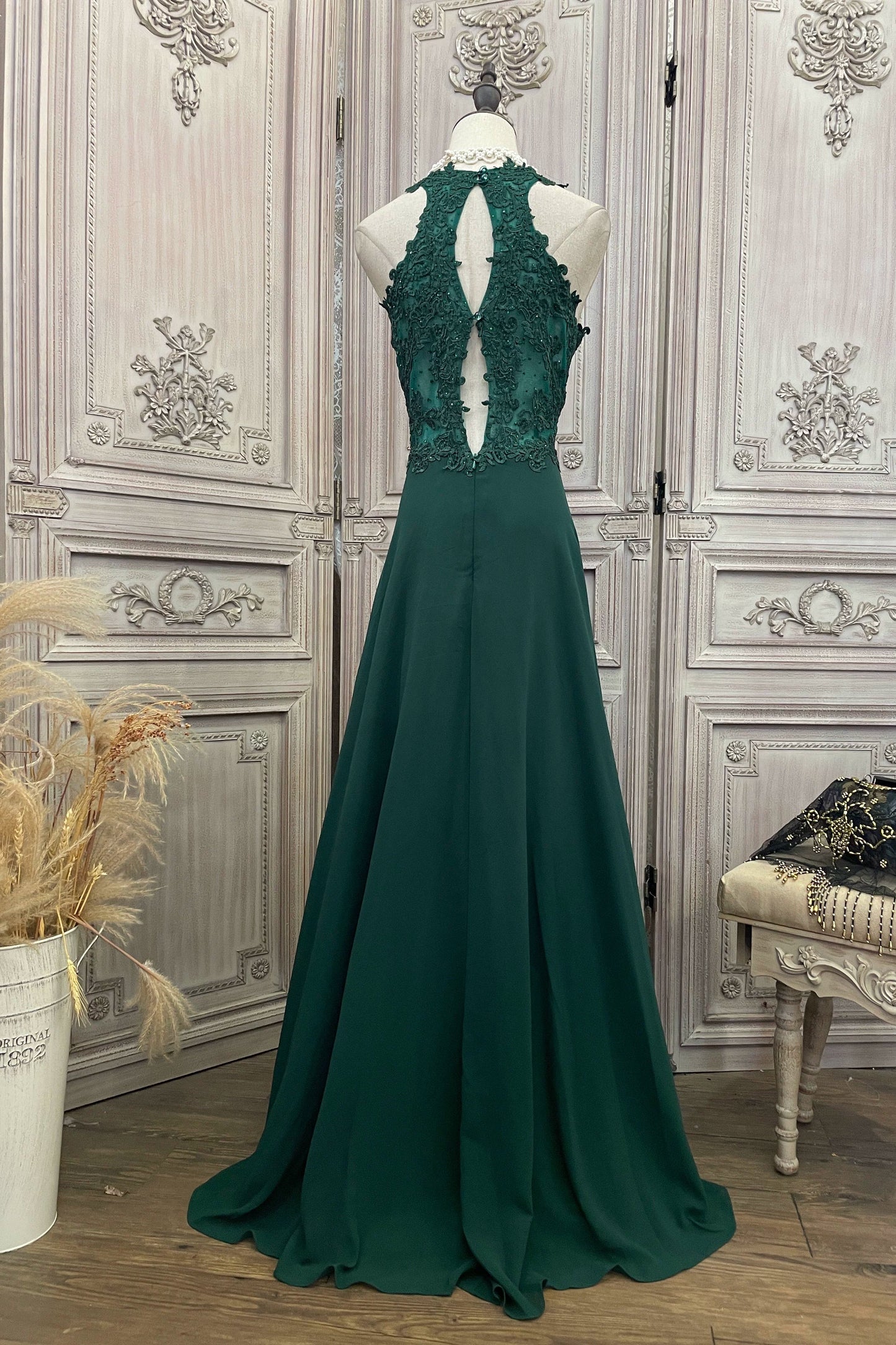 Dark green lace chiffon patchwork rhinestone long dress