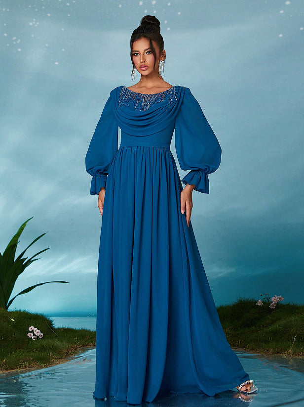 lace trim chiffon lantern sleeve maxi dress in blue