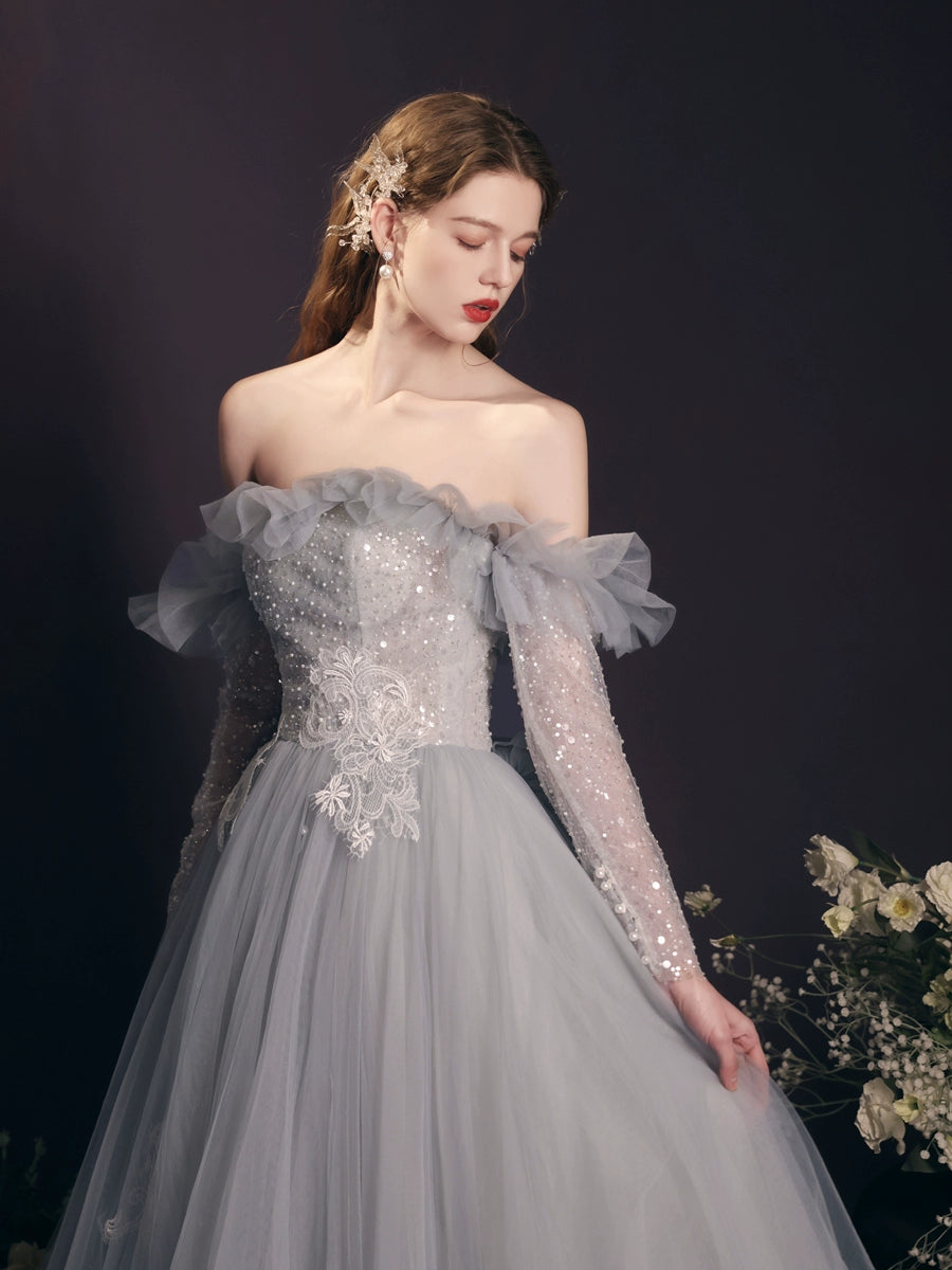 blue sequin embellished tulle maxi dress