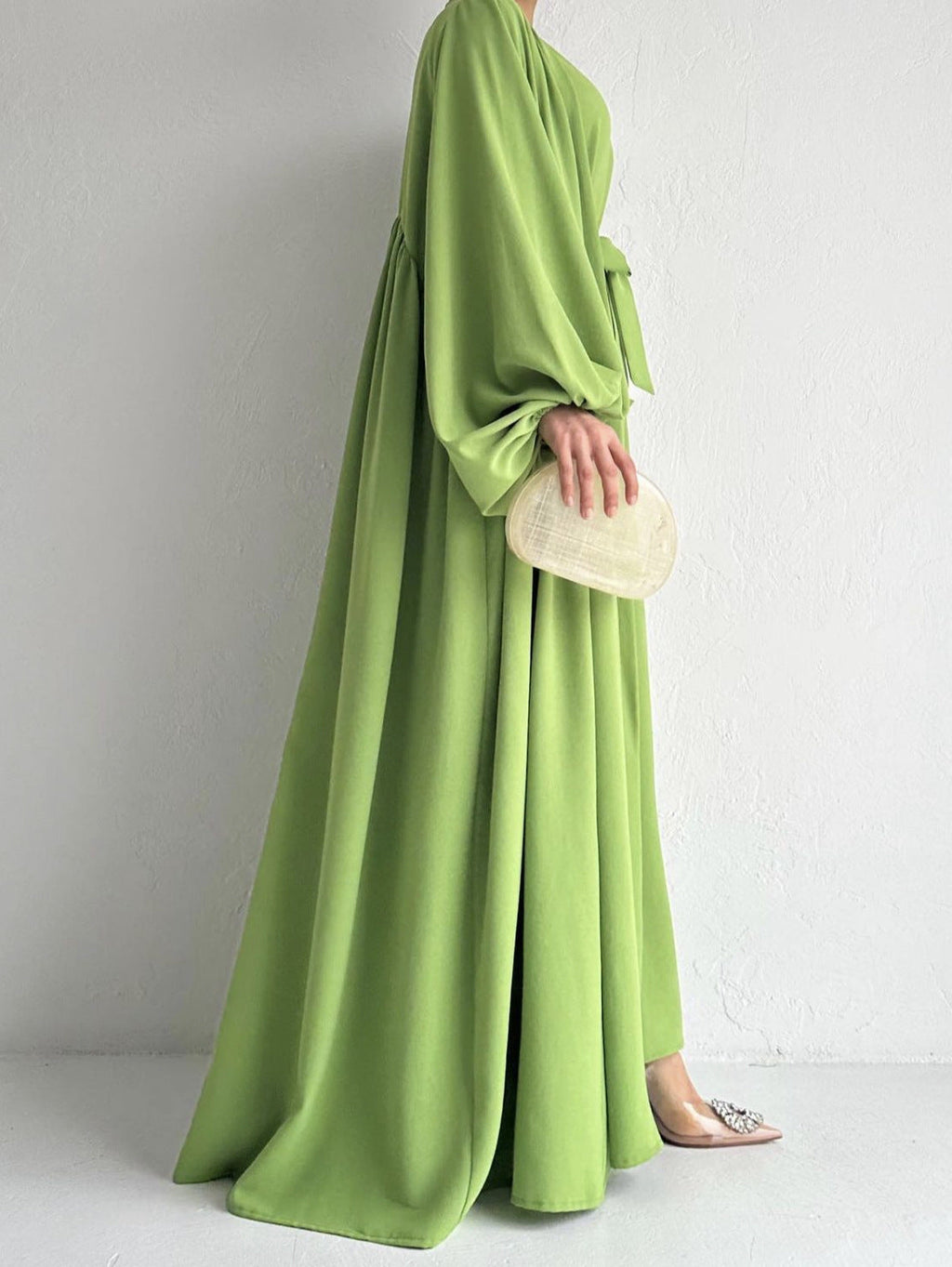 Two Pieces Set Nidha Open Abaya with Bubble Sleeves and Inner Dress