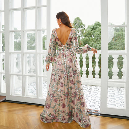 v neck sequin floral print puff sleeve maxi dress