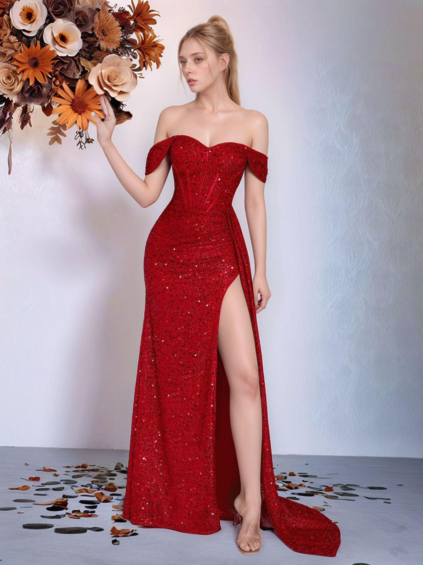 gabrielle Sequined strapless slit evening maxi dress