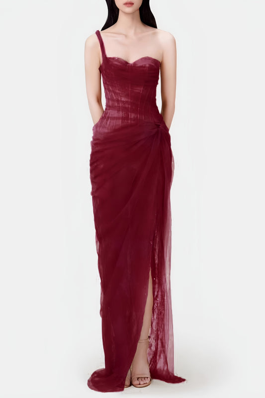 Lace Corset One Shoulder Midi Dress - Wine
