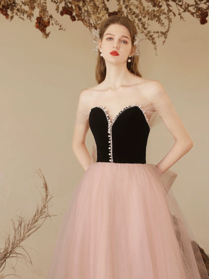 sabrina black velvet patchwork tulle strapless maxi dress