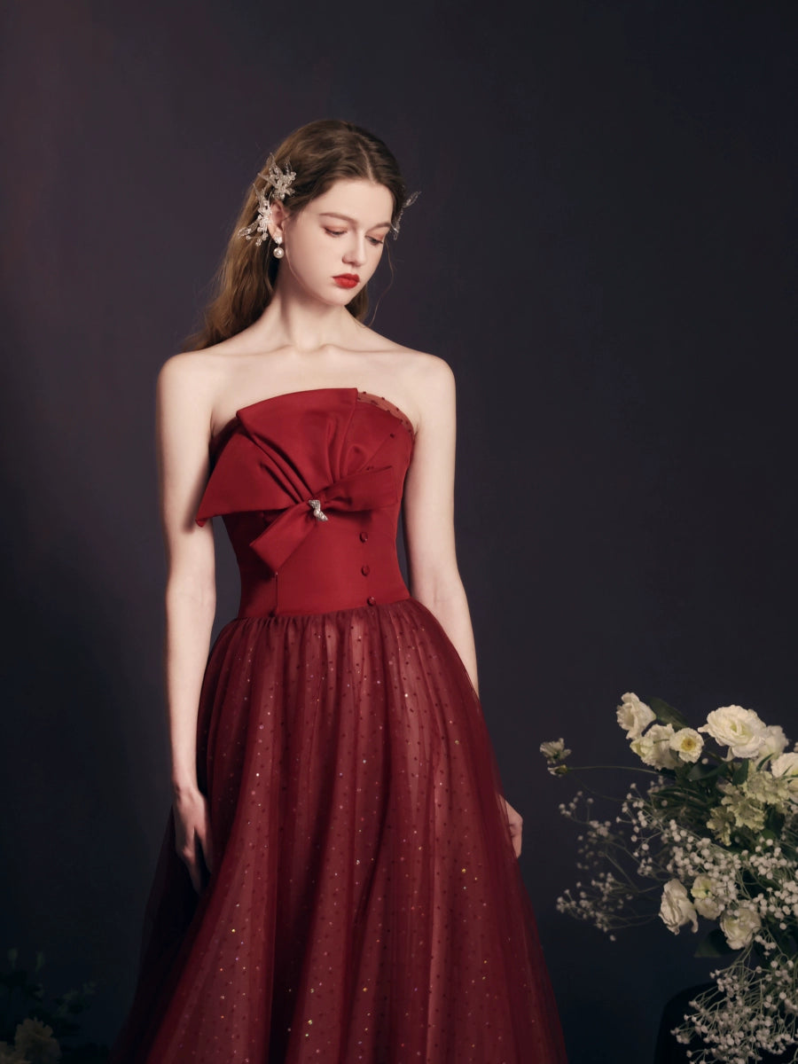 sequin detail bow strapless maxi dress in red