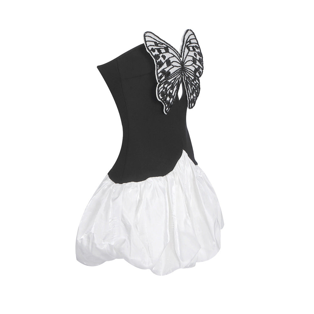 Butterfly Embroidered Bodice Puffball mini Dress in black