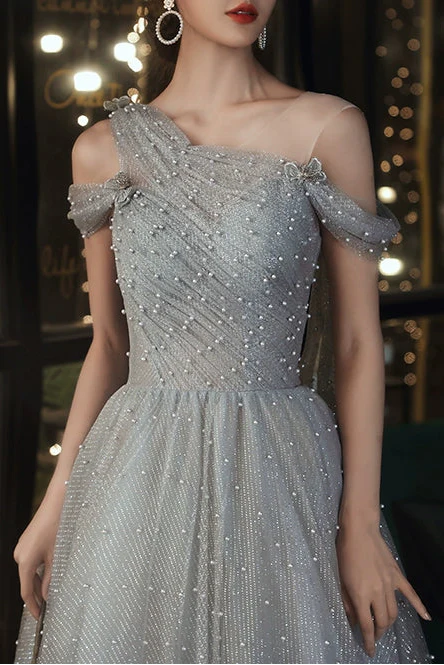 Dusty Blue one-shoulder pearl maxi tulle evening dress