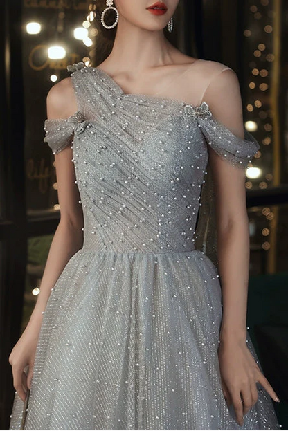 Dusty Blue one-shoulder pearl maxi tulle evening dress