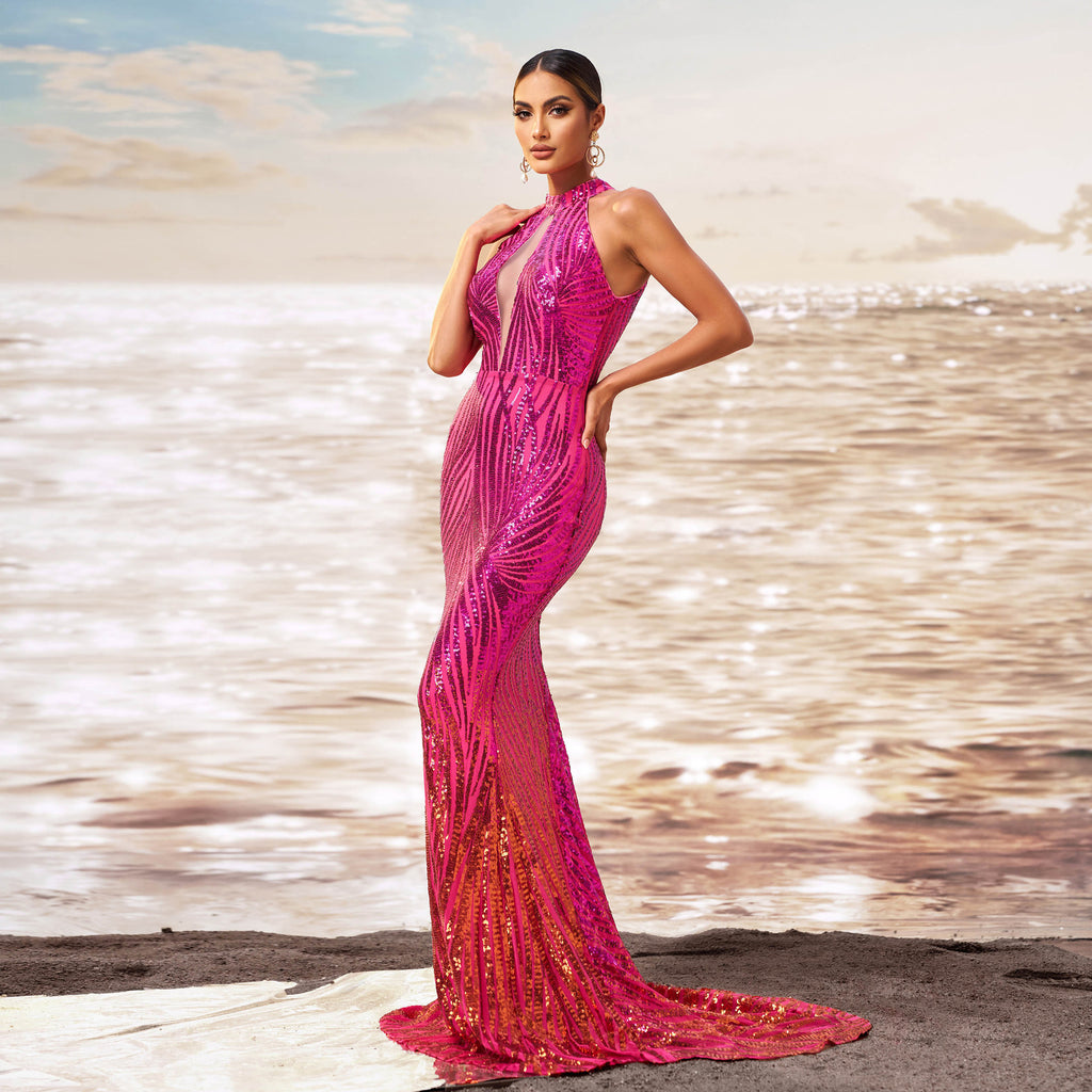 rose red Round neck off-shoulder hip-wrapped sequined fishtail maxi dress