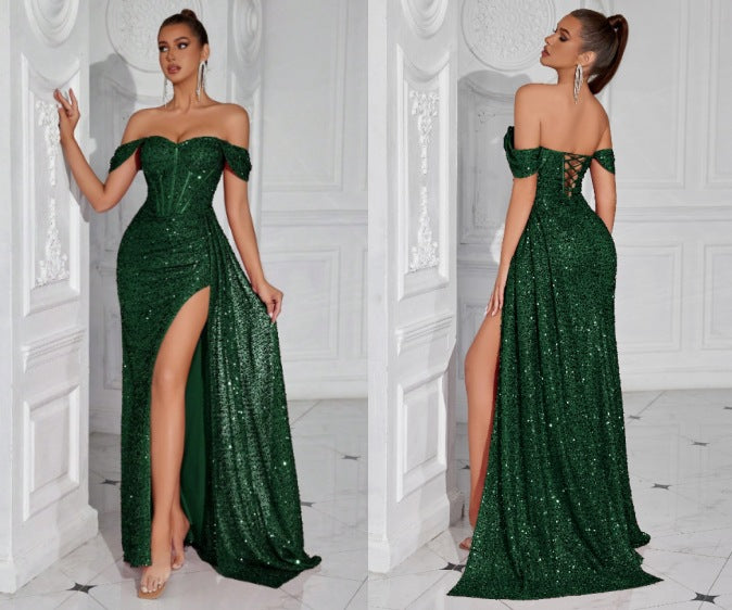 gabrielle Sequined strapless slit evening maxi dress