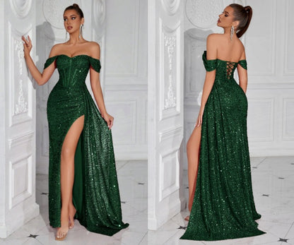 gabrielle Sequined strapless slit evening maxi dress
