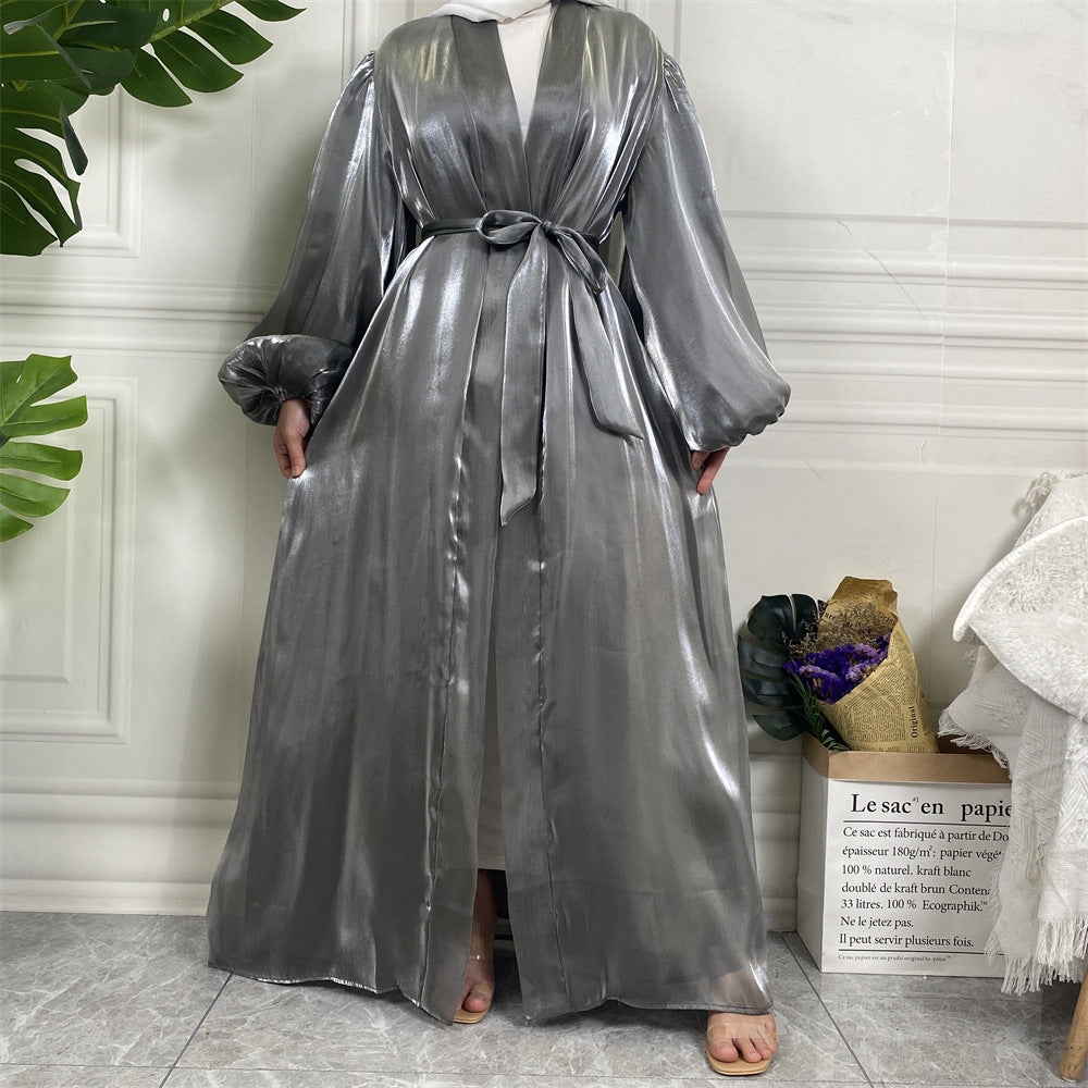 Shiny Silk Balloon Sleeves Lined Cardigan