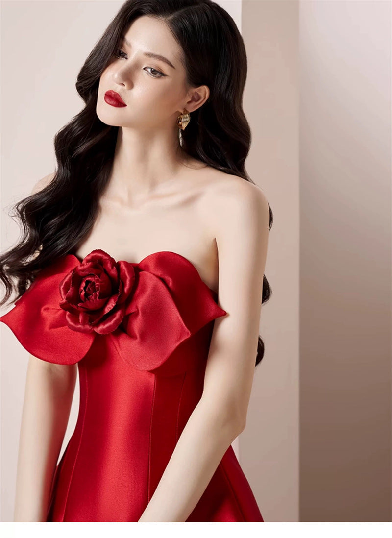 mignon 3d flower satin strapless midi dress in red
