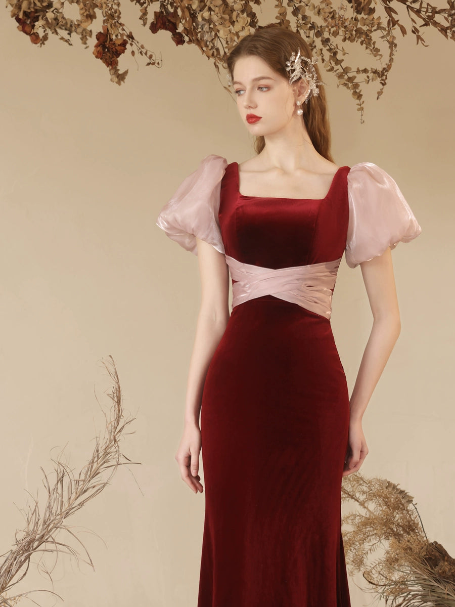 Stephanie wine red velvet fishtail maxi dress