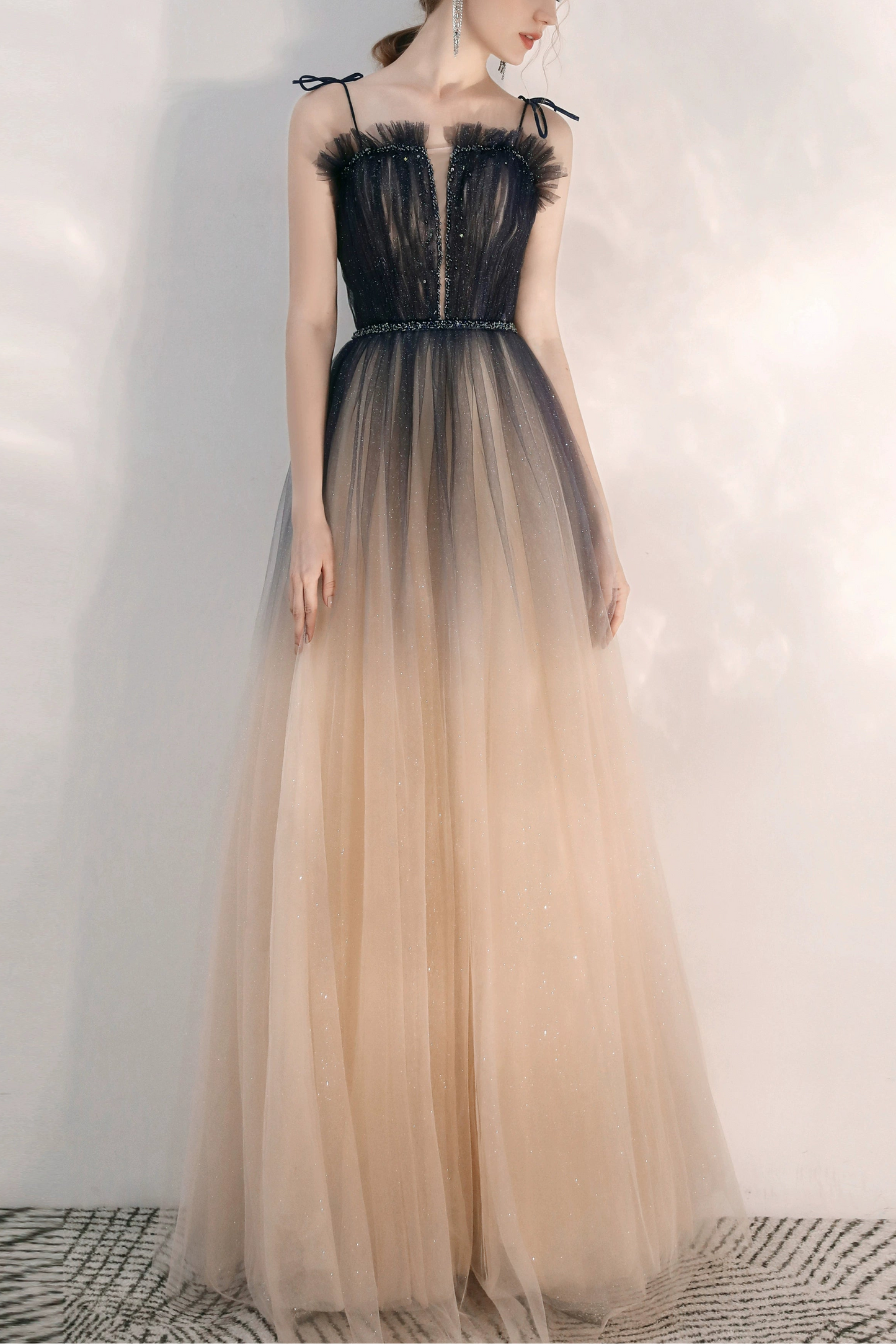 kara gradient blue sequin tulle maxi dress