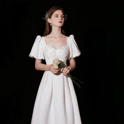 pearl embellished puff short sleeve maxi dress in white