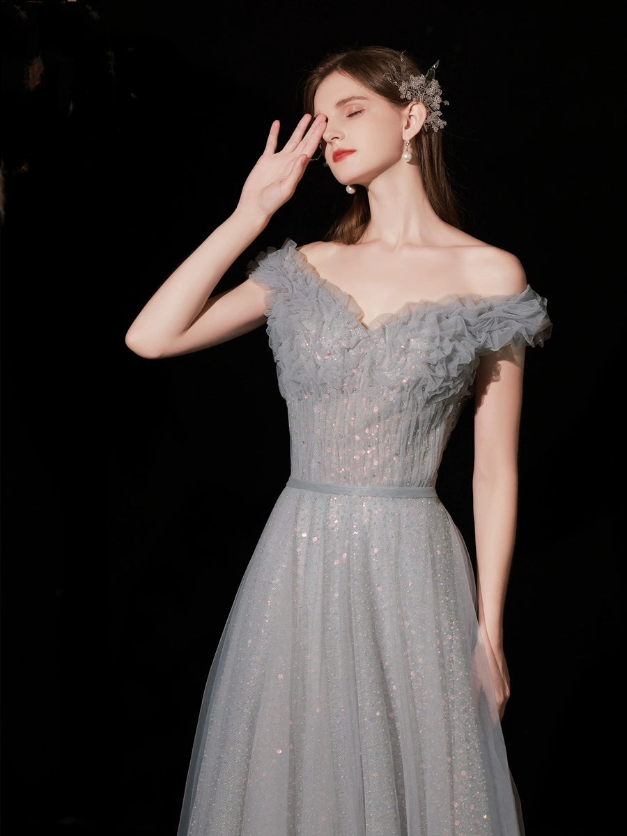 off-shoulder pleated sequin maxi dress in blue-gray