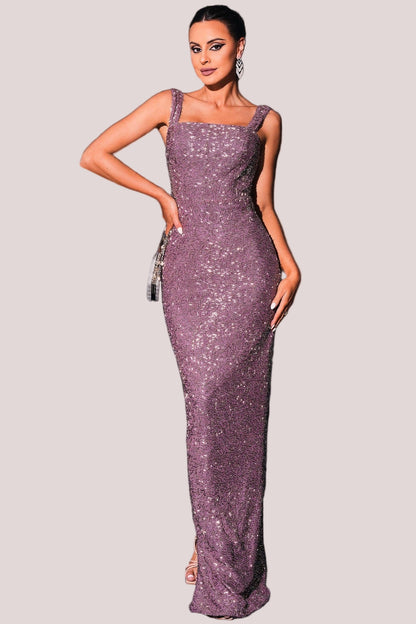 square neck sequin body maxi dress in purple