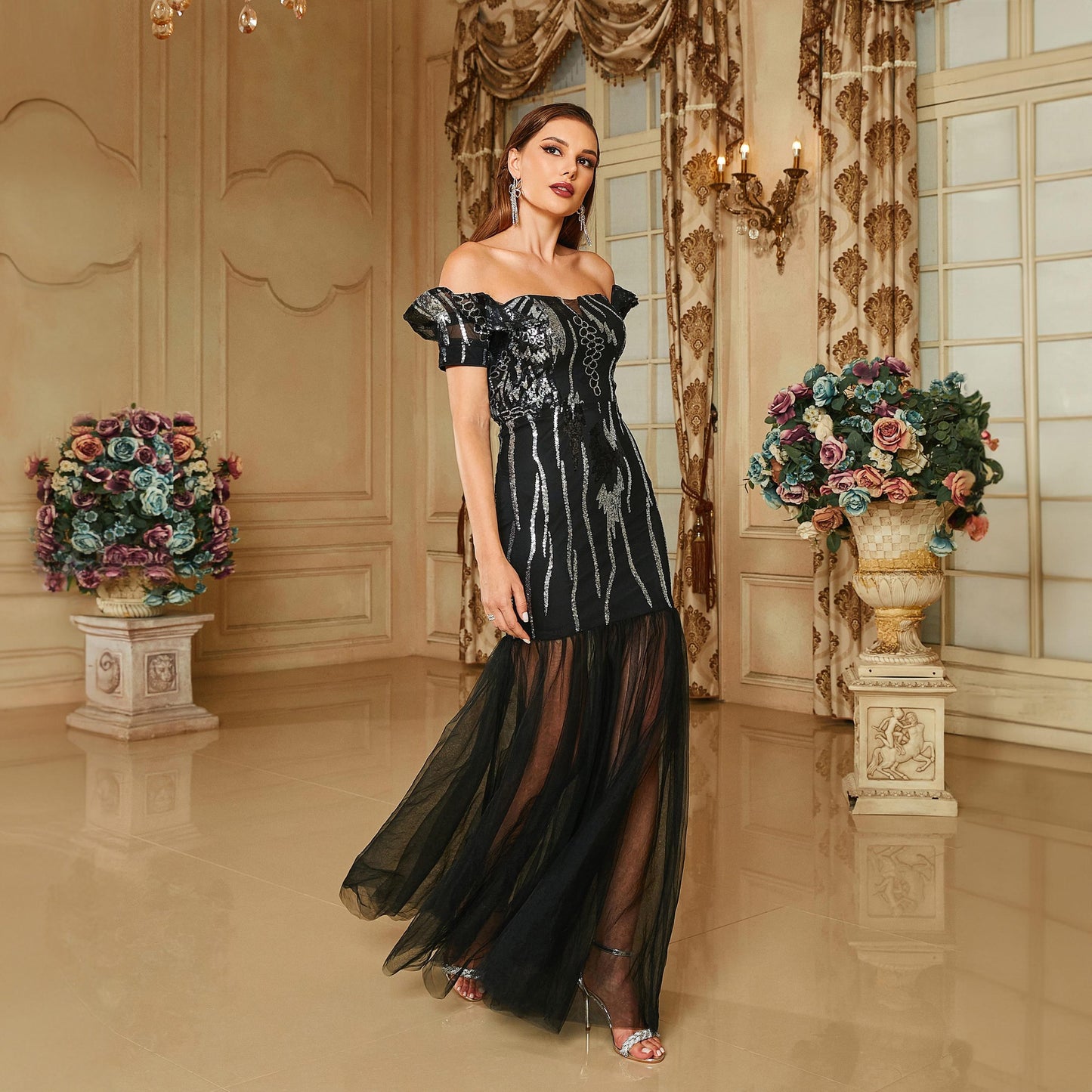 black Off-the-shoulder long sequined fishtail maxi dress