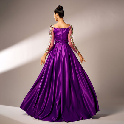 Appliqué fitted waist full skirt maxi dress in purple