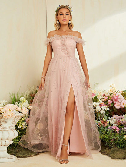 off shoulder flower trim sequin high slit maxi dress in pink