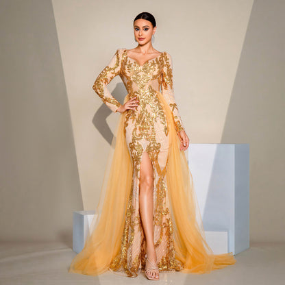 Long-sleeved V-neck sequined mesh bridesmaid dress