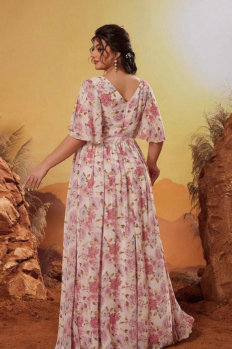 plus size v neck floral print maxi dress in pink