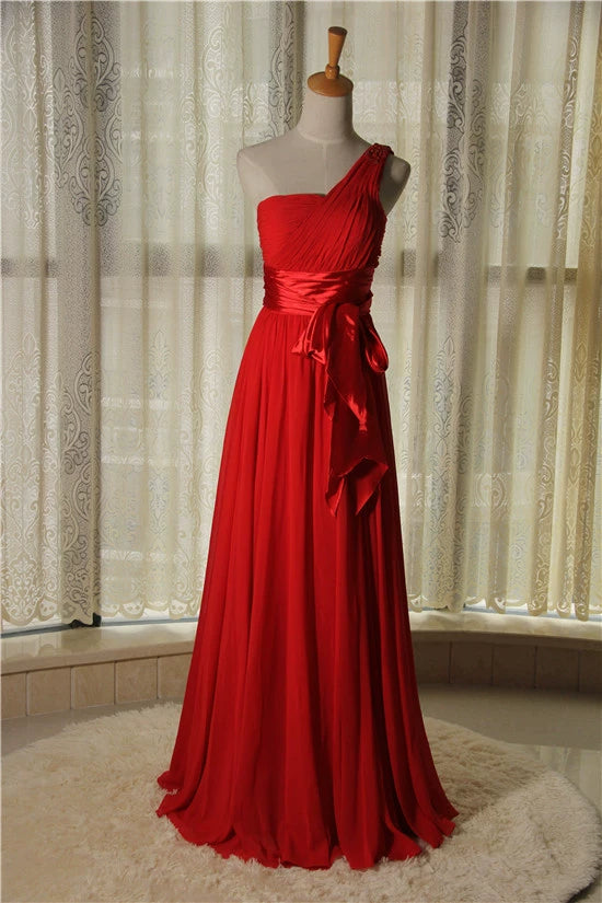 red one-shoulder chiffon evening maxi dress