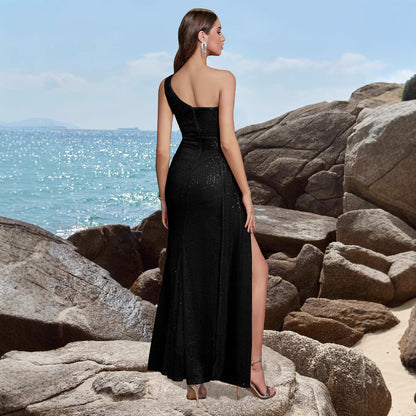 lily Sequined one-shoulder slit maxi dress